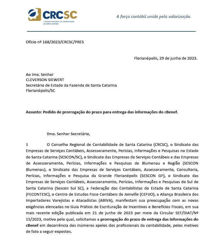 CRCSC e entidades representativas da classe contábil formalizam pedido de prorrogação de prazo para o cBenef