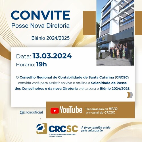 Acompanhe pelo YouTube a cerimônia de posse dos novos conselheiros e da presidente do CRCSC, Marisa Schvabe